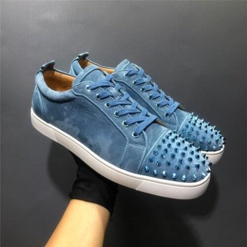 Male Fashion Low Top Round Toe Sport Shoes Blue Solid Color Cross-tied Breathable Rivets Flat Leisure Popular Non-Slip Sneakers
