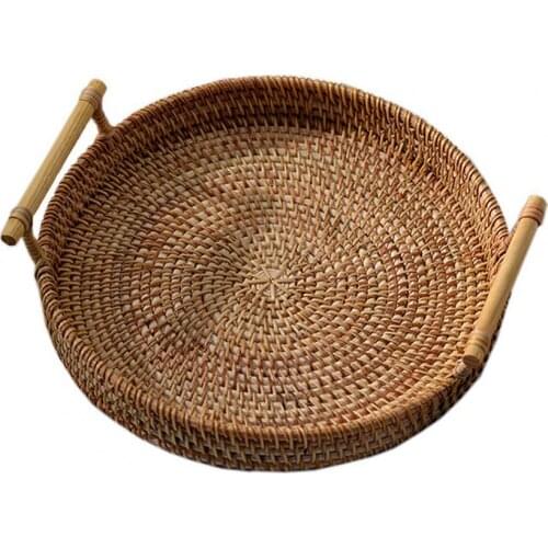 Round Tray Handmade Food Storage Holder with Handle Drink Snack Basket Organizer
