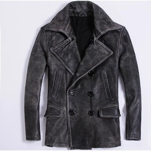 2018 Fashion genuine leather jacket men Vintage slim fit real leather coat cowskin turn-down collar solid men' jacket