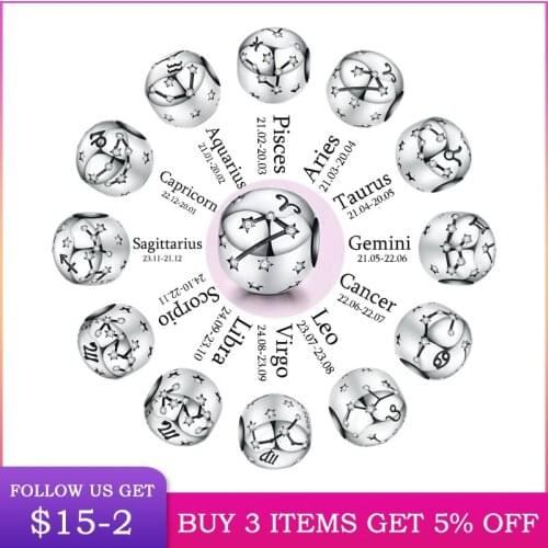 LByzHan Genuine 925 Sterling Silver 12 Constellation Zodiac Round Beads Fit Original 3mm Bracelet Charms Jewelry CMC1218