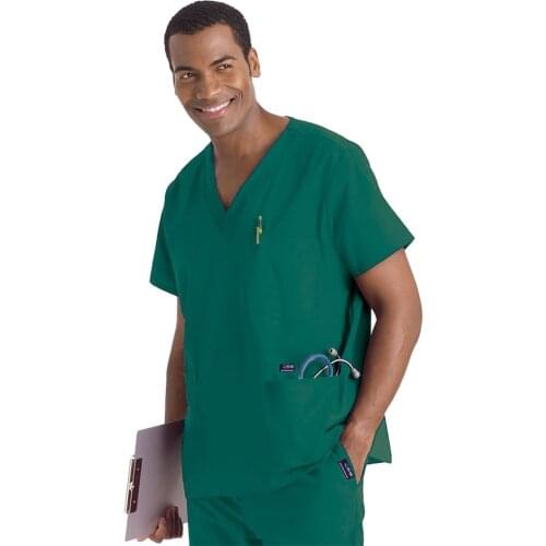 Hennar Fashion Suit Men Scrub Uniforms Sets Breathable Mens Cotton V-Neck Tops Solid Pants Uniform