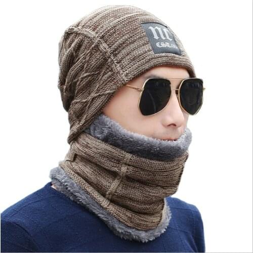 1 Set Men Warm Skullies Beanie + Soft Scarf Two-Piece Set Winter Thicken Hat Male Windproof Knitting Caps Neck Warmer
