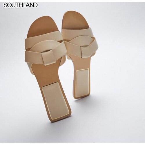 SOUTHLAND 2021 New Summer Designer Shoes Women Square toe Beige Cross Slippers For Women