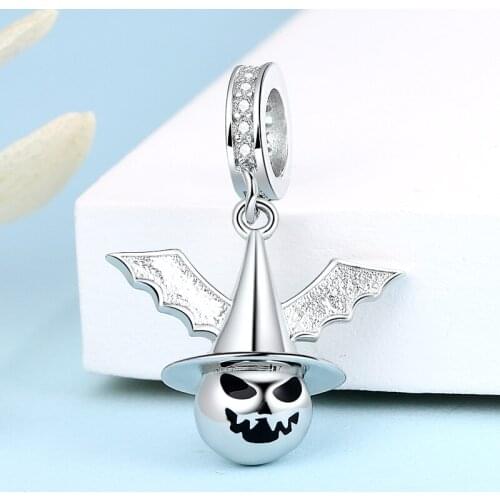 100% 925 Sterling Silver Pumpkin Head Hat Pendant Beads Bat Wings Charms Fit European Bracelet for Women Halloween Jewelry