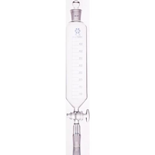 Separatory funnel cylindrical shape,standard ground mouth.Capacity 500ml,Joint 24/29+24/29,Glass switch valve