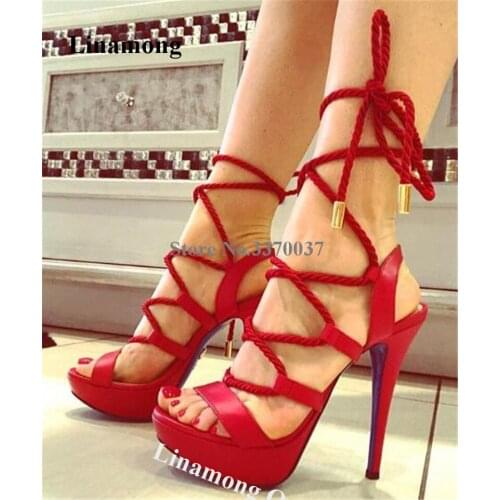 Linamong Summer Newest Open Toe Straps Cross Stiletto Heel Gladiator Sandals Red Lace-up High Platform Sandals Club Dress Shoes