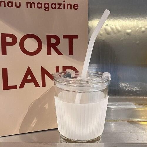 Heat-resistant Transparent Glass Coffee Mug Tea Cup Portable 350ML Water Cup With Straw Couple Drinking Glass Cup