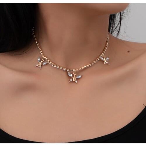 Bohemian Harajuku Style Shiny Crystal Tennis Chain Cute Butterfly Pendant Short Necklace Fashion Glamour Girl Jewelry Gift