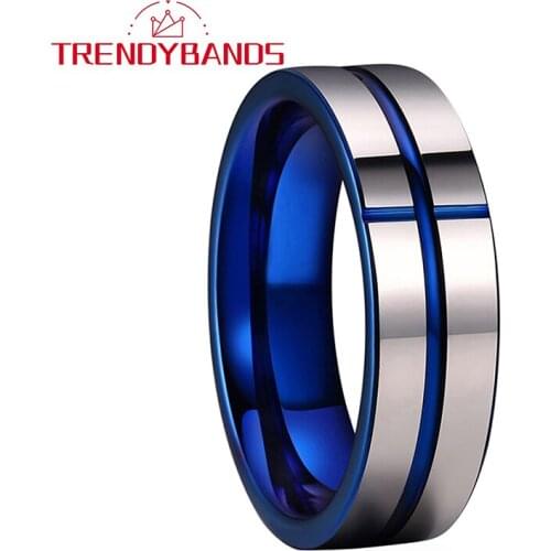 Tungsten Ring Wedding Band For Men Women 8MM Blue Grooved Polished Shiny Comfort Fit
