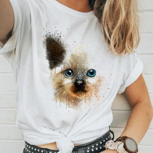 2020 Brand New Version Fashion Summer Harajuku Tops Short Sleeve Women T Shirt Psychedelic Cat Print T-shirt White Clothing