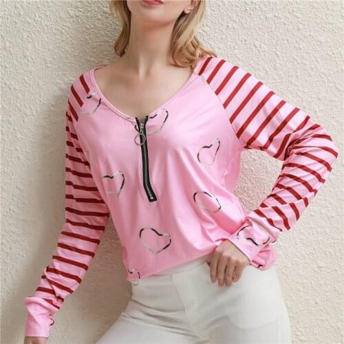Casual Zipper V Neck Shirt Women Heart Print Blouses Autumn Polyester Long Sleeve Top Elegant Ladies Shirt Streetwear New