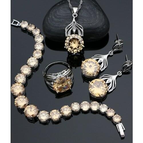 925 Sterling Silver Bridal Jewelry Set for Women Champagne Zircon Drop Earrings Pendant Ring Necklace Bracelet