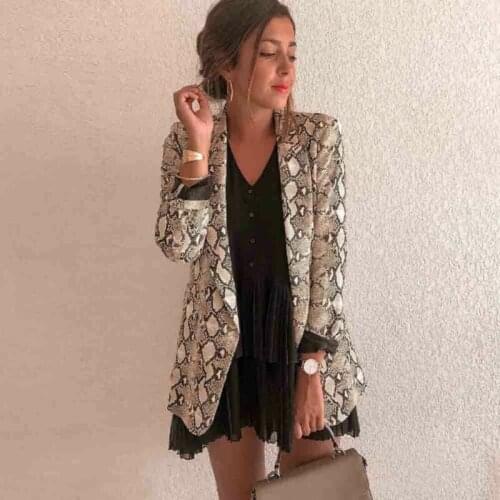Women Long Sleeve Open Front Snake Skin Blazer Longline Work Office Lapel Cardigan Jacket with Pockets