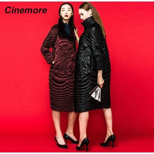 Cinemore 2020 Womens Winter Down Jacket High collar Three-quarter Sleeves Long Personalized Pattern Loose Coat Duck DownY-W2058