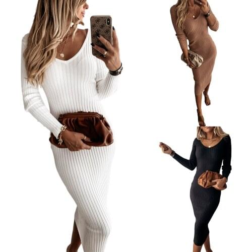 Women Autumn Solid Color Long Sleeve Bodycon Dress 2020 Spring Fashion Ladies Street Outfits Sexy V-neck Dress