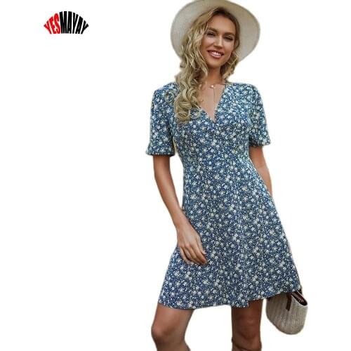 Women Dresses Summer 2021 V Neck Ladies Office Dress Robe Ete Femme Fashion Vintage Print A-line Chiffon Dress Woman Vestidos