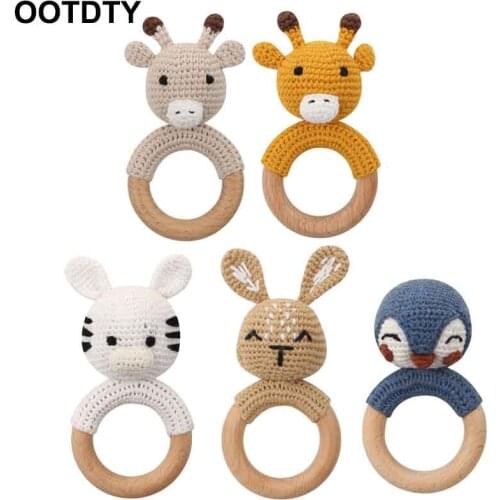 1Pc Baby Rattle Crochet Animal Baby Teether Wooden Ring Handmade Toy BPA Free Wood Teething Bracelet Nurse Gift Baby Product