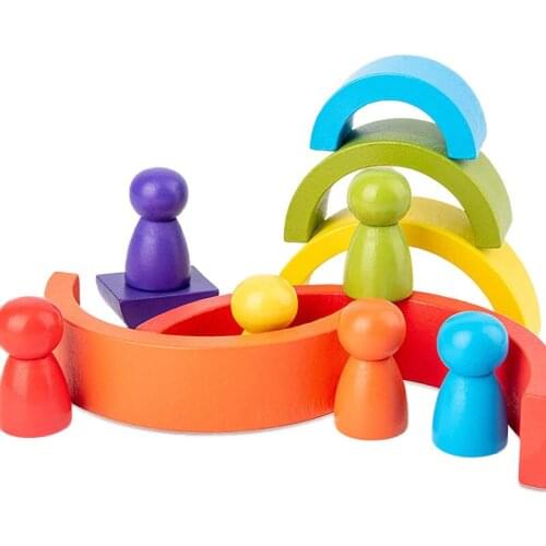 12-Piece Set Wooden Rainbow Stacker Nesting Puzzle Blocks Montessori Educational Toys Colorful Montessori Nesting Building Block