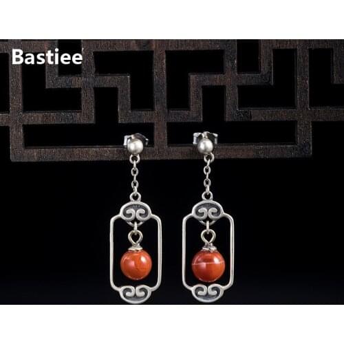 Bastiee Vintage Red Agate Pearl Earrings For Women Jewelry Antique Chinese Style Geometry