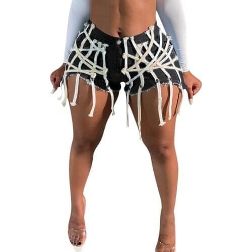 Denim Shorts Women Tassel Eyelet Straps Patchwork Slim Pocket Fashion Summer New Streetwear Female Casual Short Jeans Women 2021