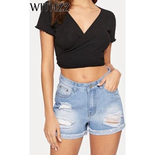WITHZZ Spring Summer Womens High Waist Straight Cuffed Jeans Hot Pants Worn Denim Shorts
