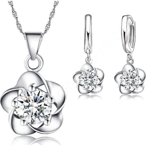 Nice Woman Gift Set,Beautiful Flower With CZ Zircon Pure 925 Sterling Silver Necklace Earrings Wedding Party Jewelry
