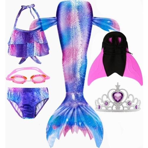 HOT!Turquoise 10 colors Ariel Mermaid Tails With Monofin Goggle Crown Dream-Tails for Girls Christmas Gifts for Kids Costumes