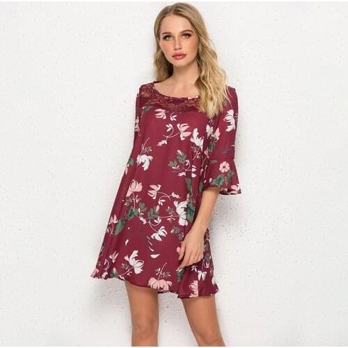 Fashion Women Dress Vestidos Summer Women Round Collar Lace Patchwork Flared mid-sleeve Chiffon Dress