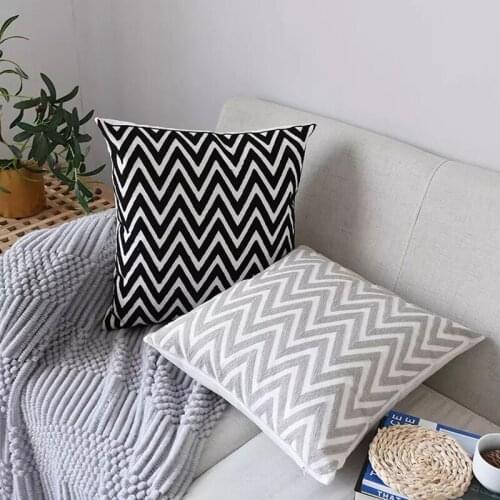 Embroidered Zigzag Cushion Cover Grey Black Pillowcase Canvas Cotton Square Embroidery Pillow Cover 45x45cm Home Decor