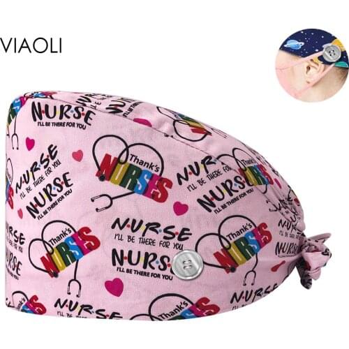 2021 New Buckle Elastic Beauty Hats Baotou Cap Fashion Doctor Hat Pure Cotton Printing Surgical Caps Unisex Adjustable Nurse Cap