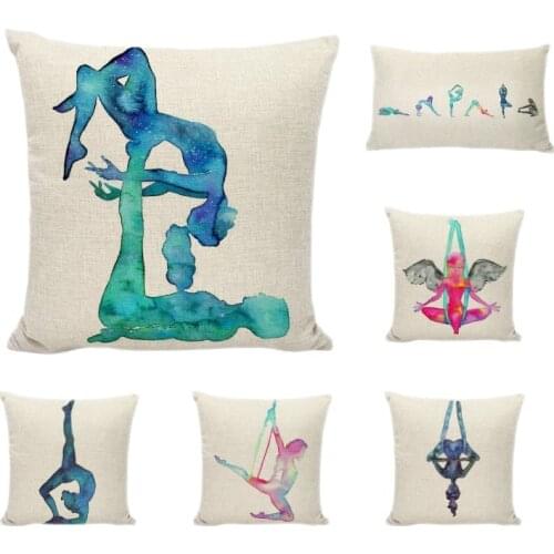 New Design Yoga Action Aquarelle Cushions Home Decor Bedroom Living Room Couch Car Comfortable Cotton Linen Pillow Home Textiles