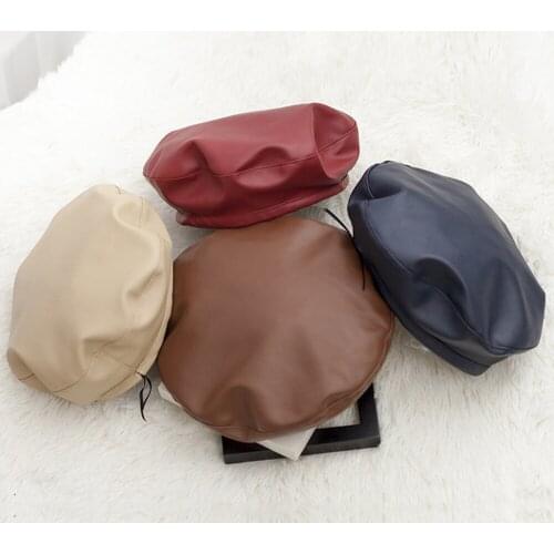 Richkeda Store New 2021 New Winter Beret Cap Fashion Women Casual PU Leather Beret Hat For Women Autumn Retro Beanie