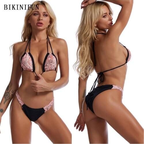 2021 New Sexy Snakeskin Print Swimwear Triangle Bralette Swimsuit Patchwork Bathing Suit S-XL Girl Backless Halter Bikini Set