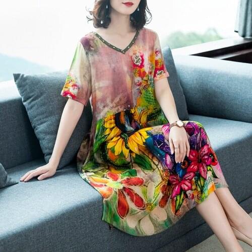 Women Imitate Silk Dress Female Summer Short Sleeve V-Neck Fashion Print Dresses Loose Casual Plus Size Vestidos Mujer