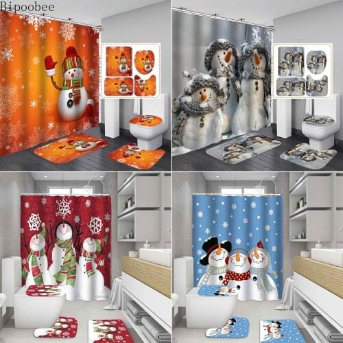Bipoobee Merry Christmas Bathroom Set Cute Snowman Print Shower Curtain and Rug Sets Anti-slip Carpet Bath Mat Holiday Decor