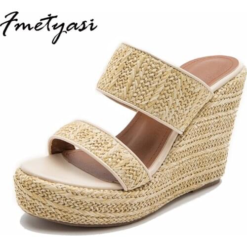 Roman Sandals Height Increasing PU Open Toe Platform Straw Rope Weaving Thick Bottom Wedges High Heels Round Toe Big Size