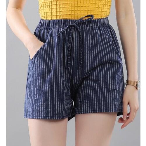 Women Summer Cotton Shorts Women Casual High Waist Drawstring Shorts Short Pants Women Fashion Stripe