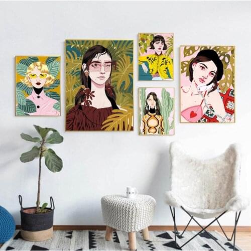 Scandinavian Beauty and Green Plact Canvas Painting Nordic Poster Illustration Girl Wall Art Picture Home Decoration