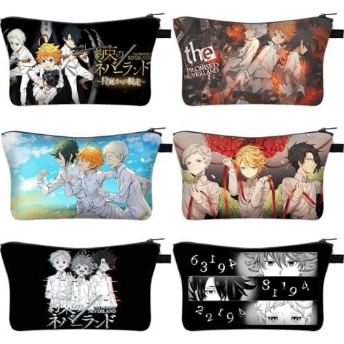 Anime The Promised Neverland Cosmetic Case Women Makeup Bags Norman Emma Ray Ladies Cosmetic Cases Organizer Storage Bags