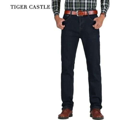 TIGER CASTLE Mens High Waist Jeans Cotton Thick Classic Stretch Jeans Black Blue Male Denim Pants Spring Autumn Men Overalls