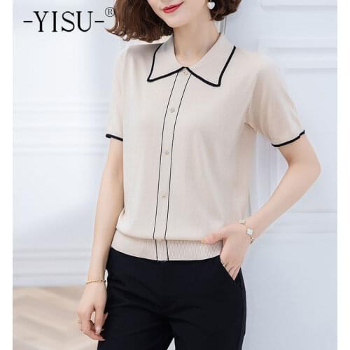 YISU Woman clothing Cardigan lapel Cardigan Coat Solid color Short sleeve Sweater Summer Top Thin simple Knitted Coats Female