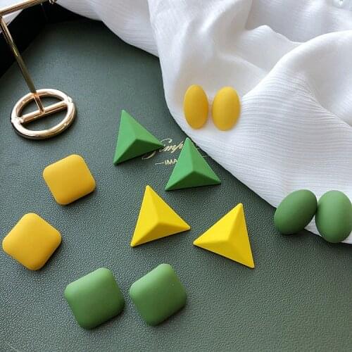 2020 Street Style Green Yellow Square Round Triangle Stud Earrings For Women Minimalist Korean Fashion Geometric Enamel Earring