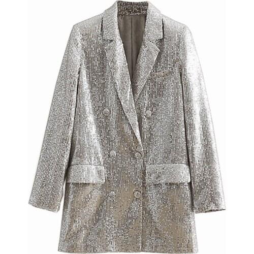 Women Geometric Pattern Sequined Blazer Feminino Glitter Shiny Pockets Long Sleeve Outerwear Vintage Female Casual Fashion Coats