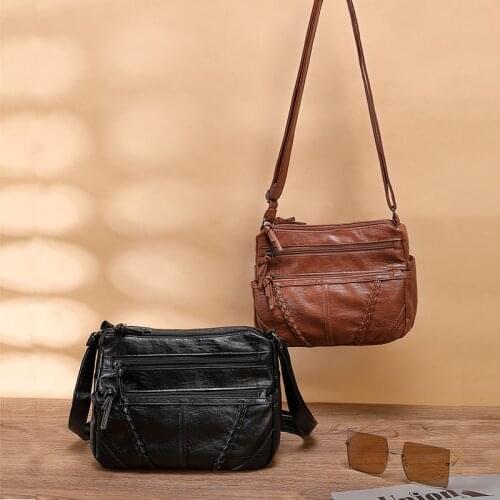 ZOVYVOL Womens Cross Shoulder Light Retro Brown Zipper Multi-pocket Black Box Soft PU Leather Bag Lady Weave Travel Bag 23*17cm