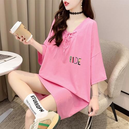 #0862 White Pink Purple Long T Shirt Women V Neck Bandage Cotton Letters Printed T-shirt Female Preppy Style Harajuku T Shirt