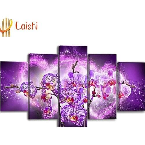 5pcs home decoration Purple Phalaenopsis diamond painting full drill square round diamond embroidery diamond art cross stitch