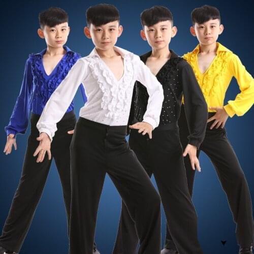 Free Shipping Hot Sale Boy Latin Dancewear Ruffly Blue White Black Ballroom Stage Modern Boys Latin Dance Costumes Clothes