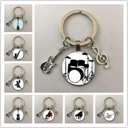 Guitar Violin Drum Piano Silhouette Keychain Round Glass Cabochon Music Instrument Pattern Keychain Keyring Jewelry Gift
