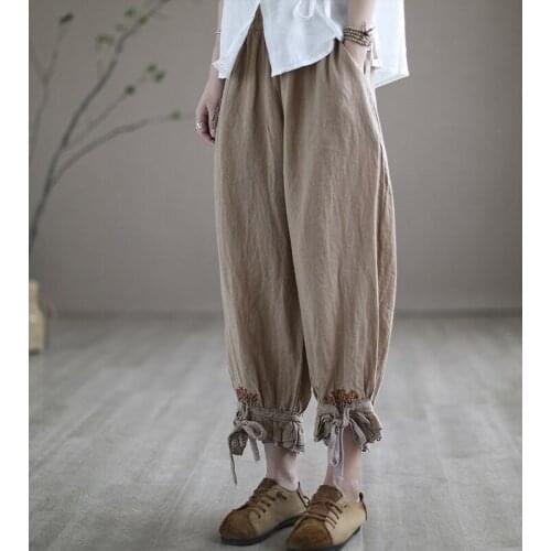 21Women Pants Summer Mori Girl Style Solid Color Loose Embroidery Lace Close Foot Female Ankle-Length Straight Trousers Fashion