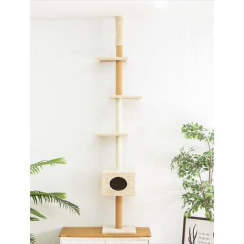 Four Tier Floor-to-Ceiling Cat Tree + Scratching Post Toy- 94.5-102.4 in Modern Cat Climbing Tower with a Scratcher Beige
